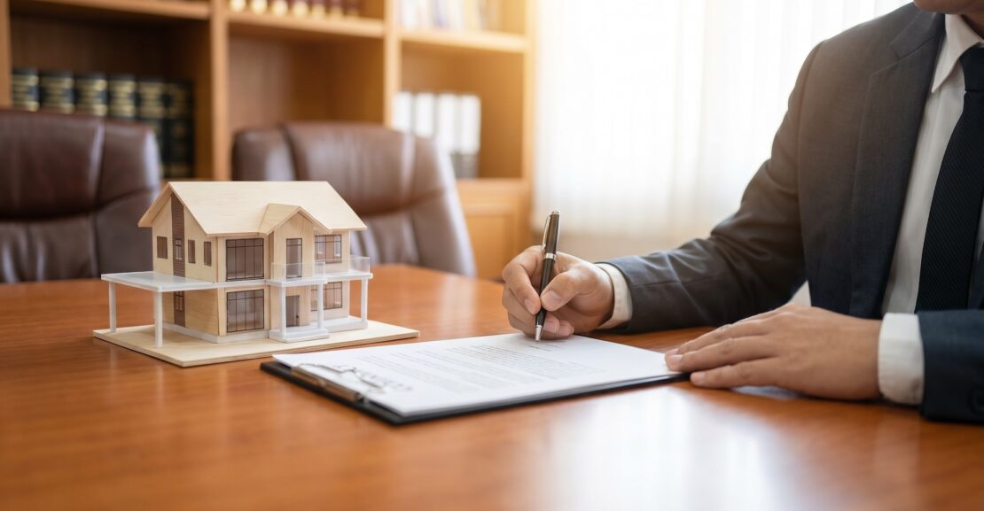 Businessperson in a suit signs a document at a wooden desk, with a miniature house model nearby in an office setting.