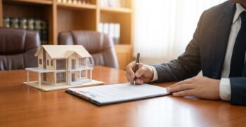 Businessperson in a suit signs a document at a wooden desk, with a miniature house model nearby in an office setting.