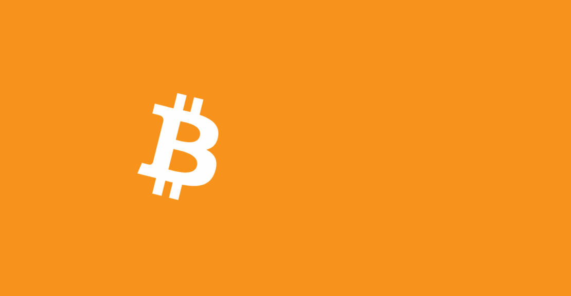 Orange background with a large tilted white Bitcoin symbol logo in the center-left area.