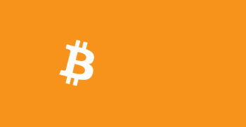 Orange background with a large tilted white Bitcoin symbol logo in the center-left area.