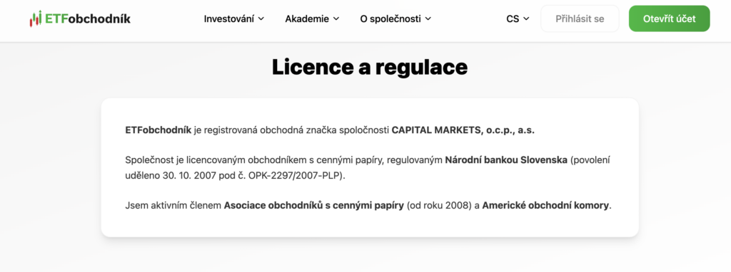 Licence a regulace ETFobchodník