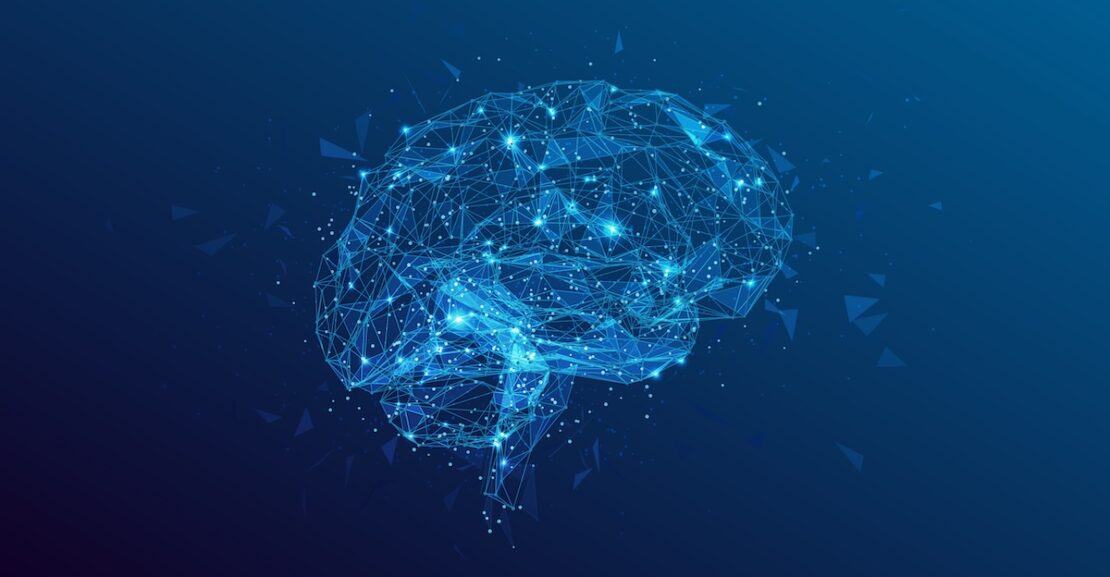 Abstract blue wireframe brain formed by interconnected points and lines, symbolizing artificial intelligence.