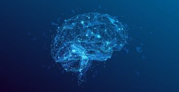 Abstract blue wireframe brain formed by interconnected points and lines, symbolizing artificial intelligence.
